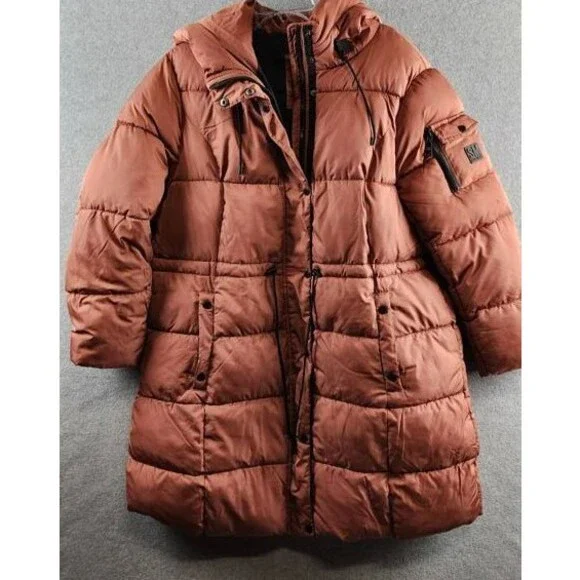 Steve Madden Plus Size Hooded Puffer Utility Coat Womens 1X Terracotta Zip Snap - Picture 2 of 14